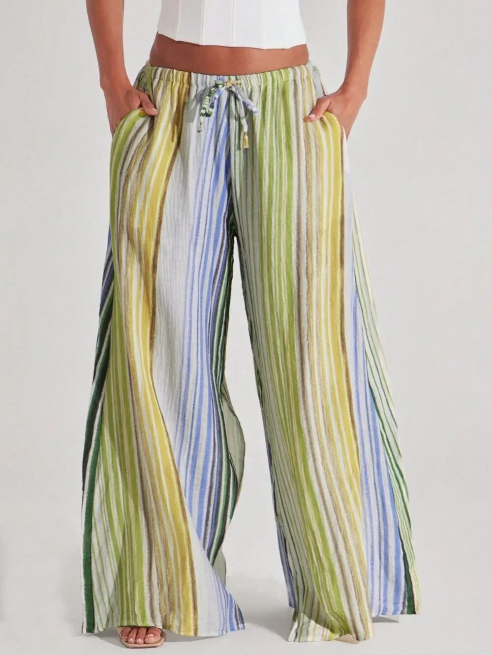 Multicolor Casual Women's Loose Wide Leg Striped Pants